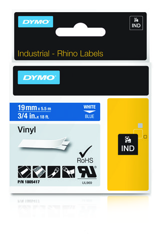 DYMO – Rhino Professional, markable permanent vinyl tape, 19mm, white text on blue 5.5m (1805417)